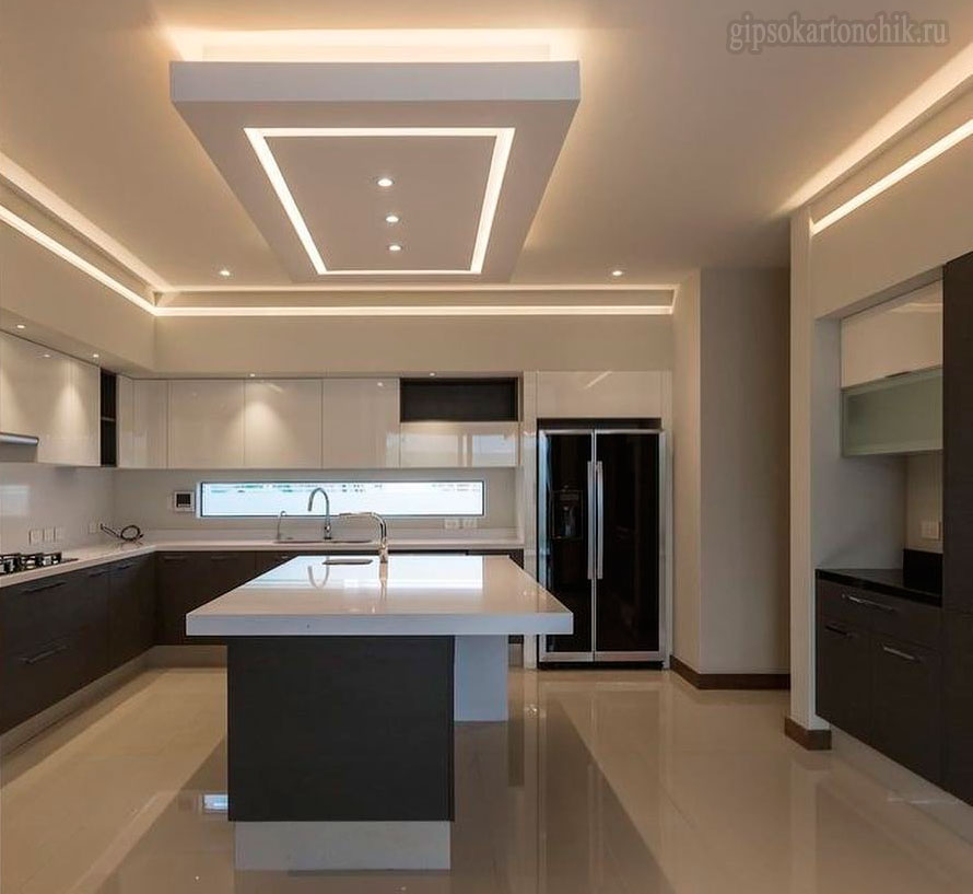 Потолок из гипсокартона на кухне: дизайн, фото